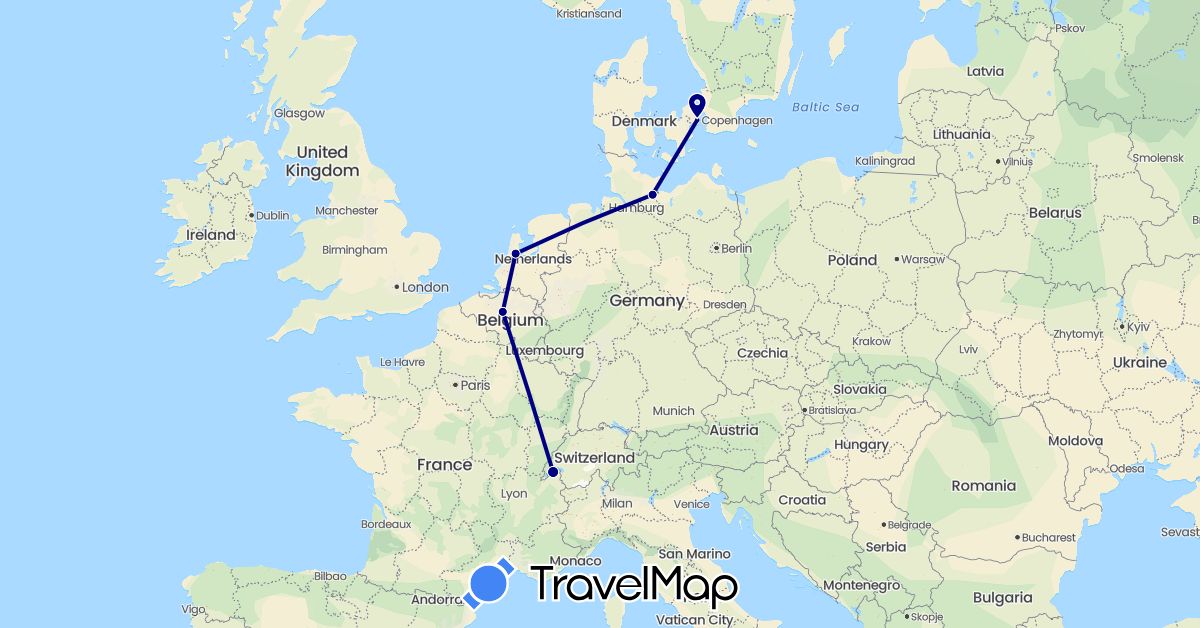 TravelMap itinerary: driving in Belgium, Germany, Denmark, France, Netherlands (Europe)